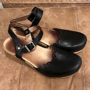 Dansko Black Leather Scalloped Ankle-Strap Clogs